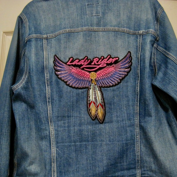 Old Navy Women’s Class Blue Jean Jacket Size 2X with Harley David emblems - Picture 2 of 5